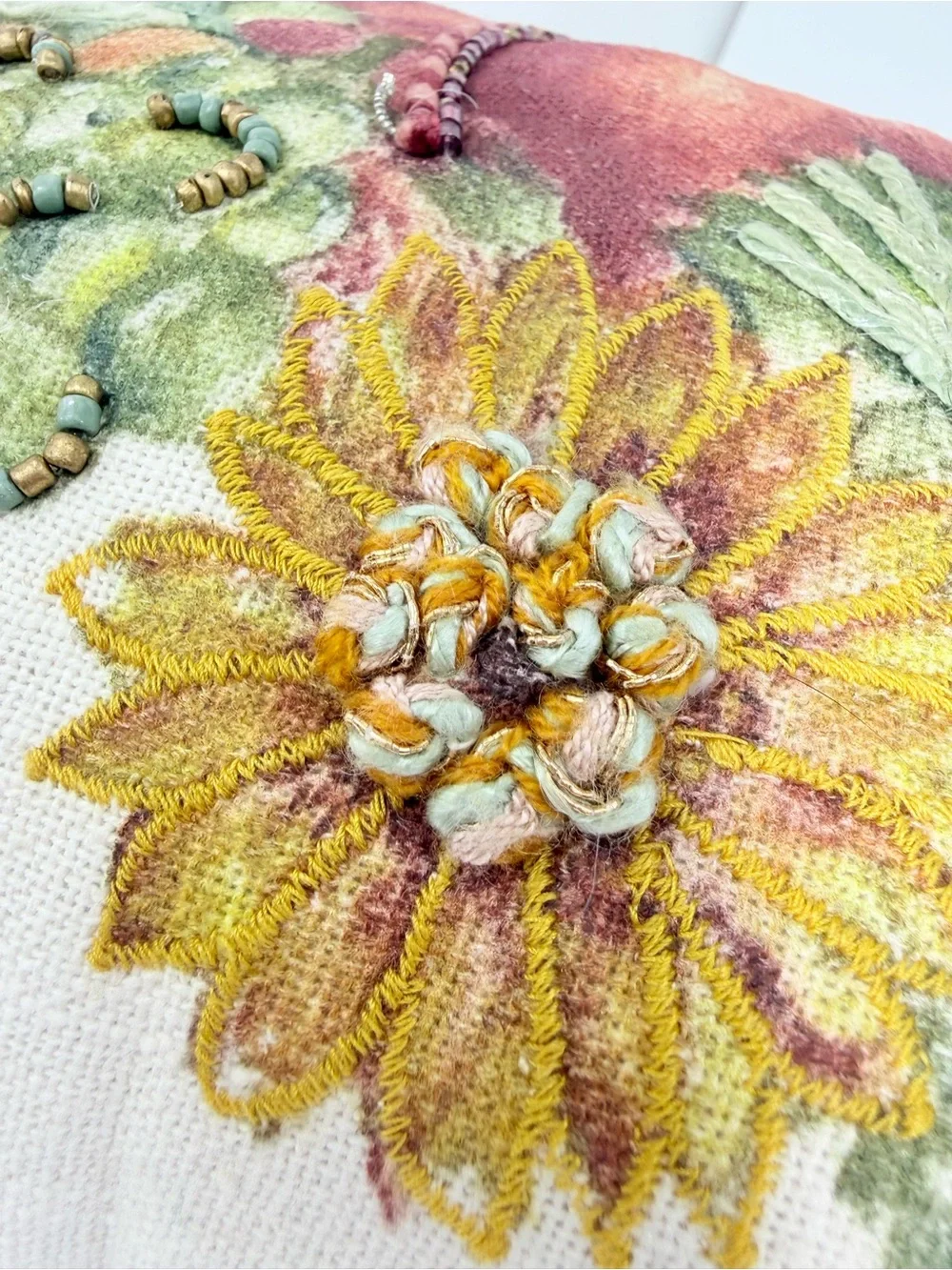 Gardeners Eden Cream Green Pumpkin Fall Print Soft Woven Beaded Accent Pillow